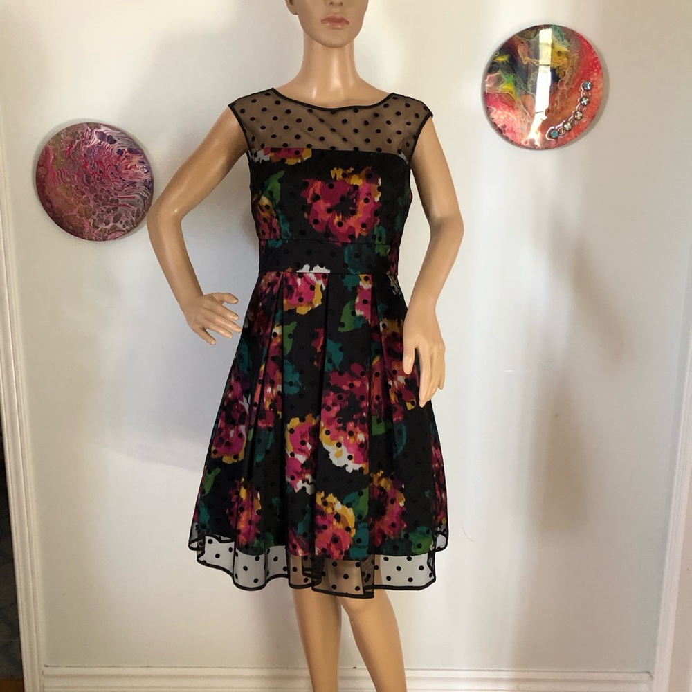 Eliza J .. Party Dress. Size 4. Multi Colour with Black polka dot over skirt.